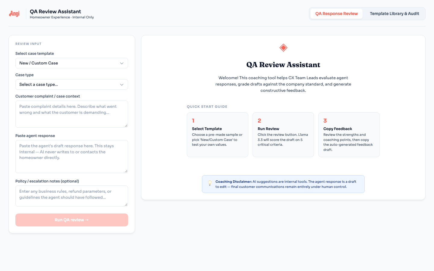 Angi QA Review Assistant prototype showing a response-review form and coaching guide